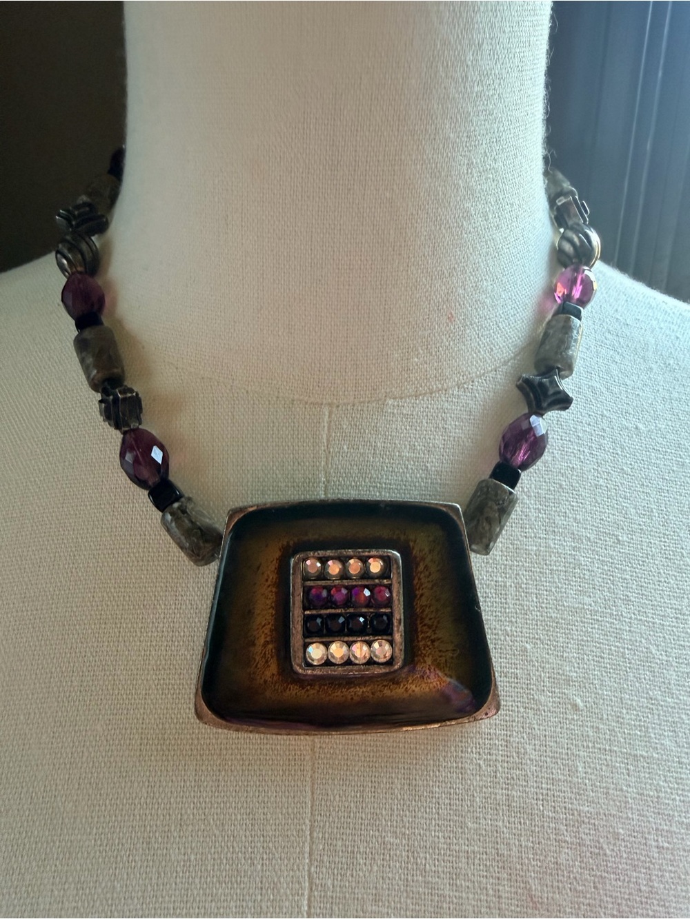 Chico’s Artisan Statement Necklace Purple Beaded Pendant